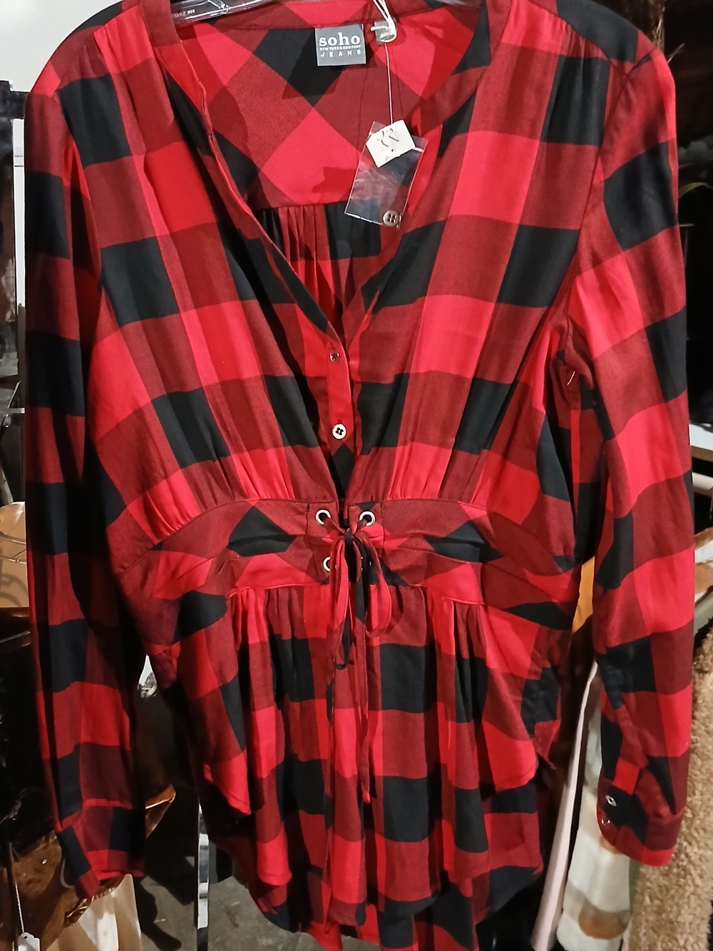 New York & Company Red and Black Buffalo Plaid Drawstring Tunic